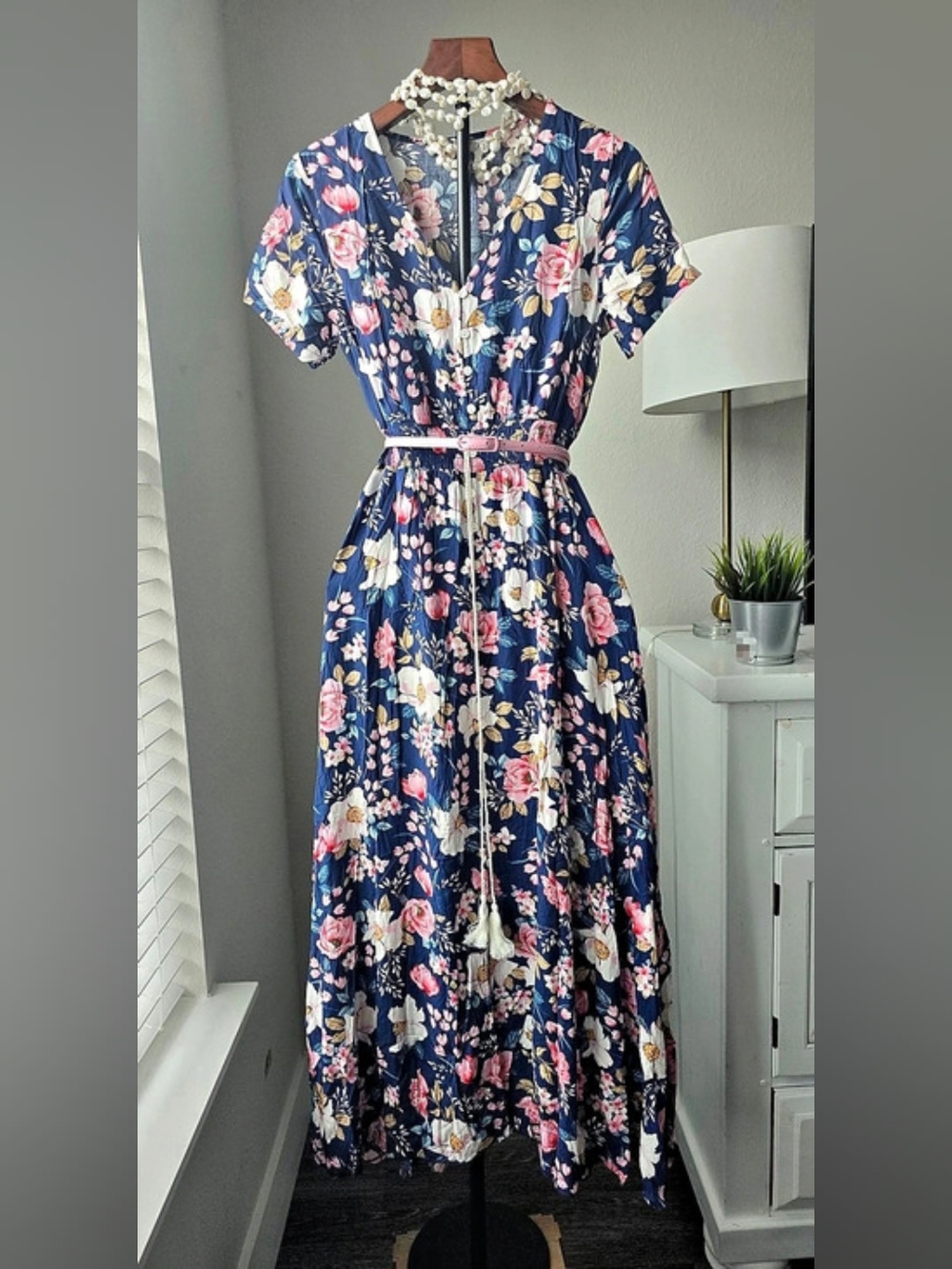 EUC Navy Blue Pink Floral Button Front Maxi Dress Smocked Waist Cottagecore B
